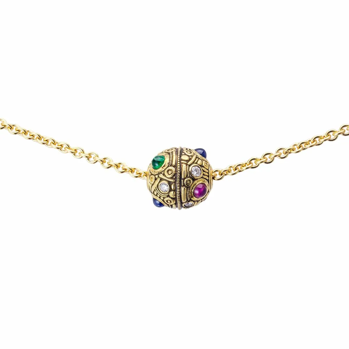18K Colored Stone & Diamond Ball Pendant & Chain - M-2N