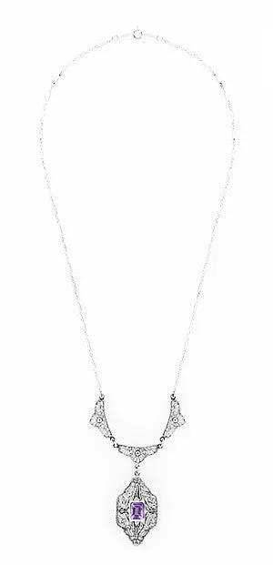 Art Deco Vintage Filigree Amethyst Dangle Drop Pendant Necklace in Sterling Silver
