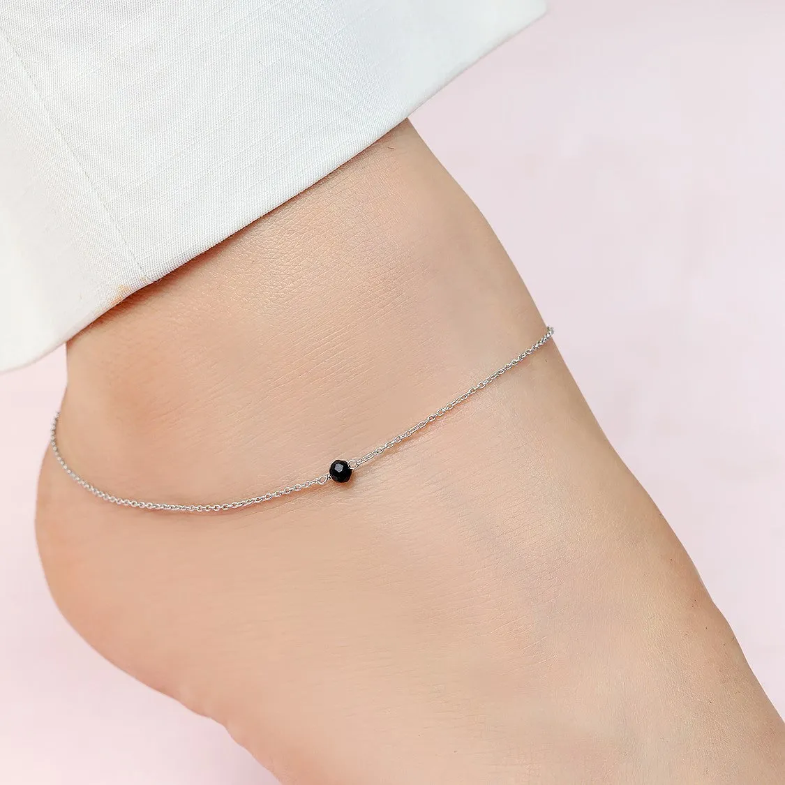 Chic Black Bead Rhodium Plated 925 Sterling Silver Adjustable Link Chain Anklet