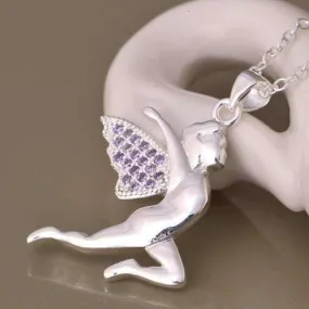 Floating Fairy with Amethyst Pavé Wings Silver Necklace
