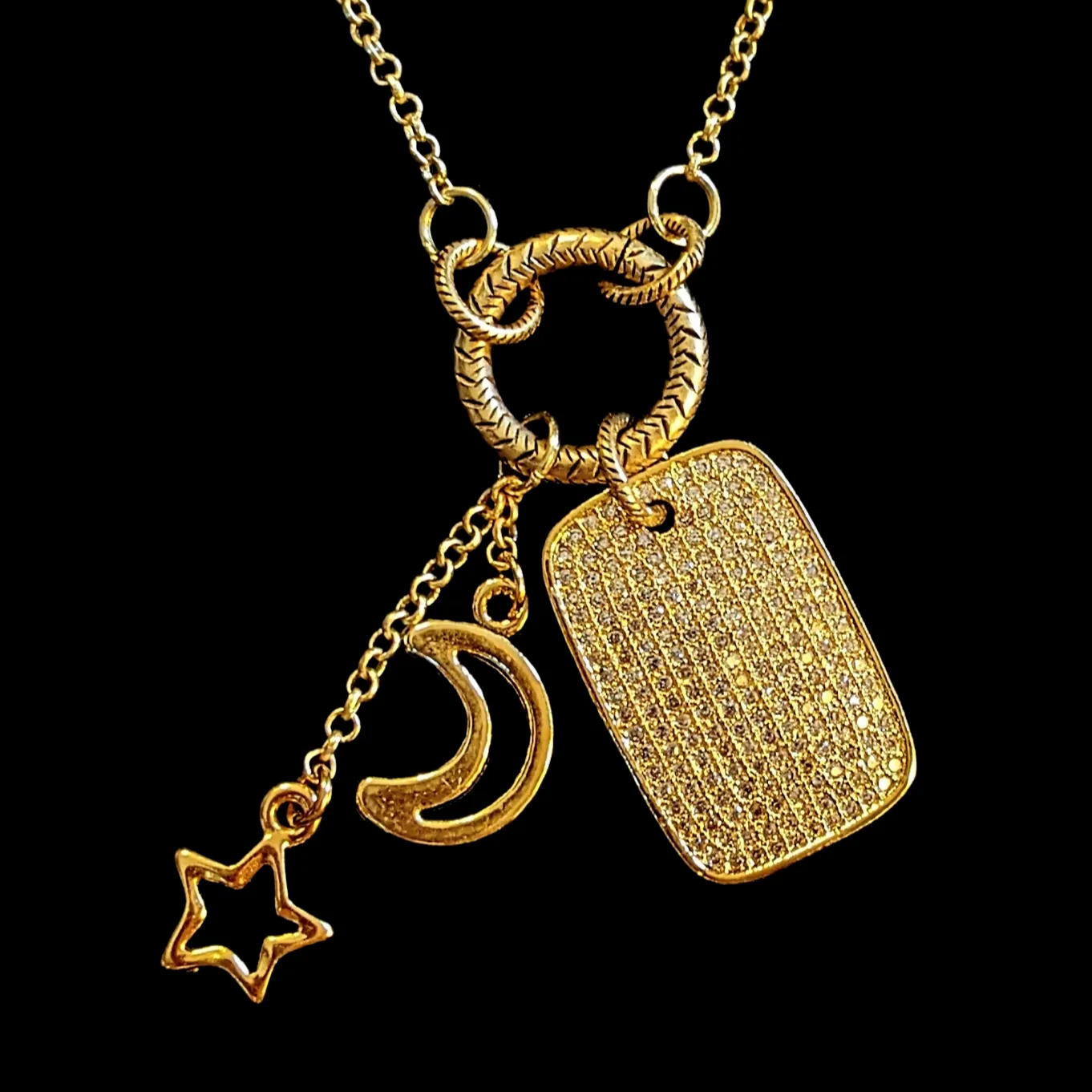 Gold CZ Tag Moon Star Charm Keeper Necklace, 18 - 24 inches