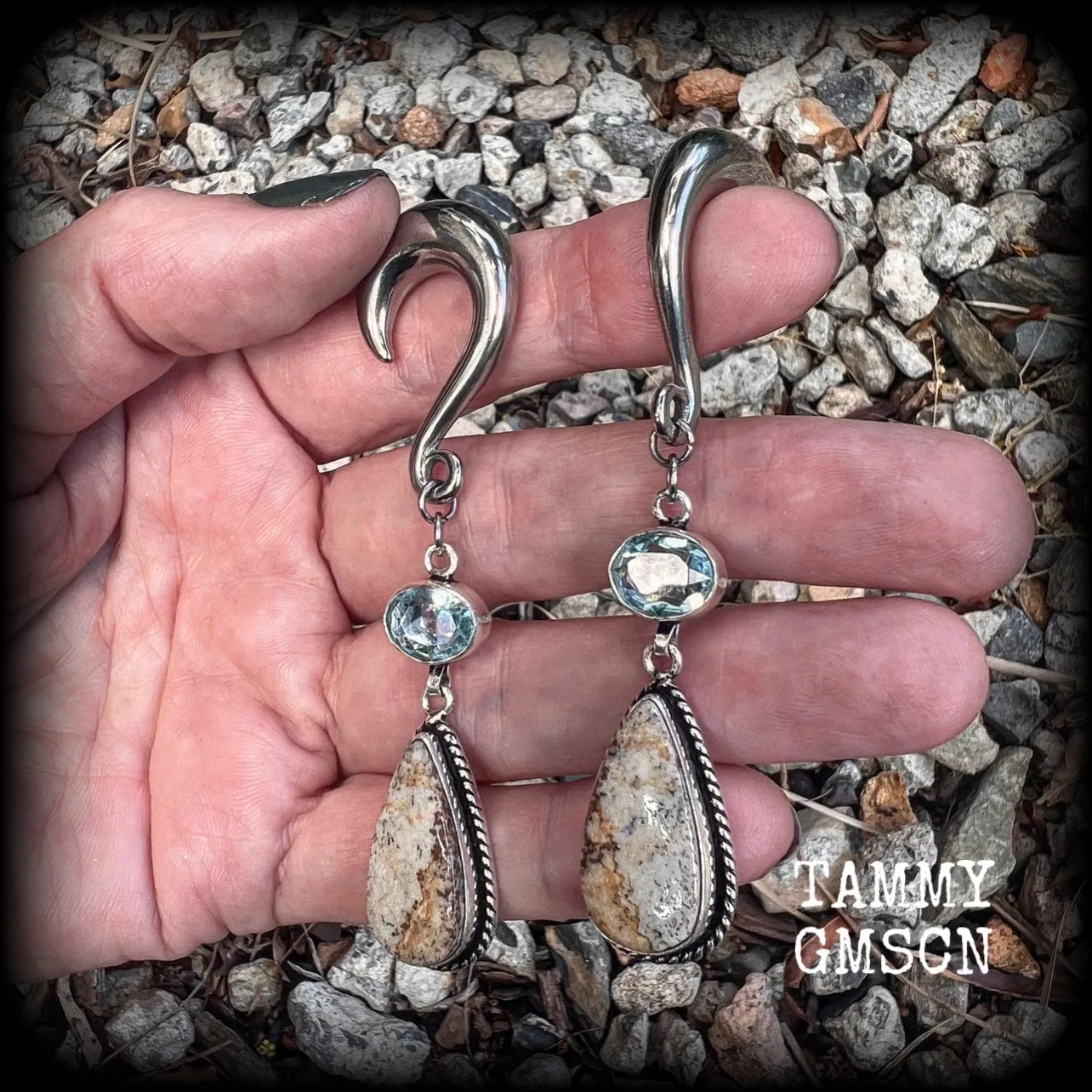 Picture jasper and blue topaz gauged earrings-Gemstone ear hangers
